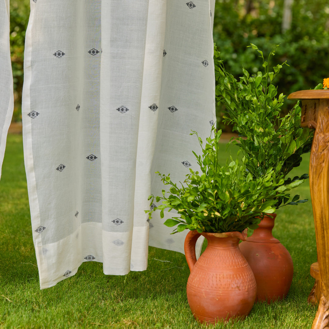 White &amp; Black Neer Jamdani Cotton Handloom Curtain-Curtains-House of Ekam