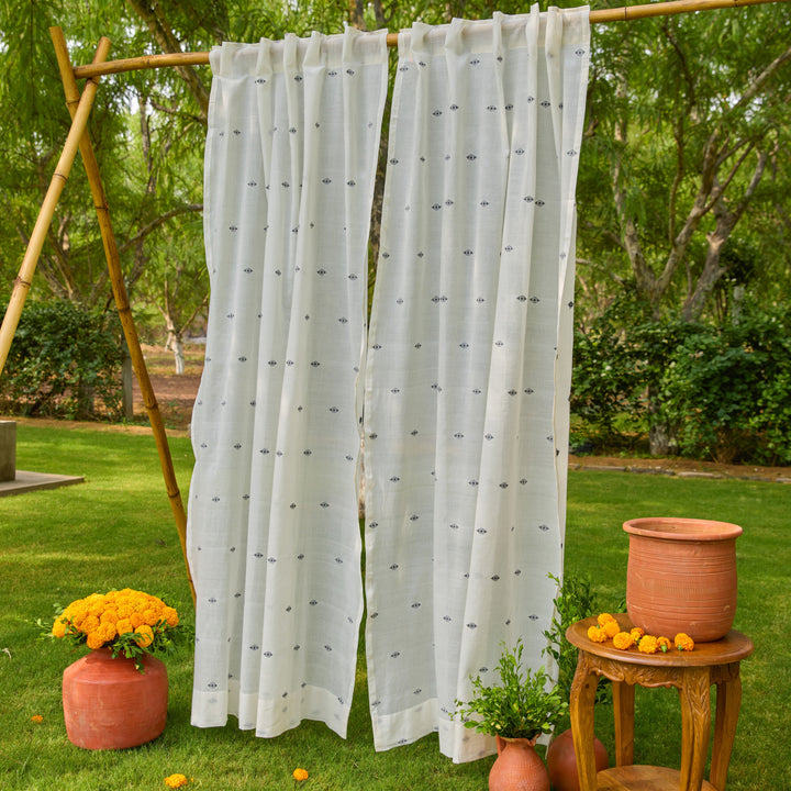 White &amp; Black Neer Jamdani Cotton Handloom Curtain-Curtains-House of Ekam