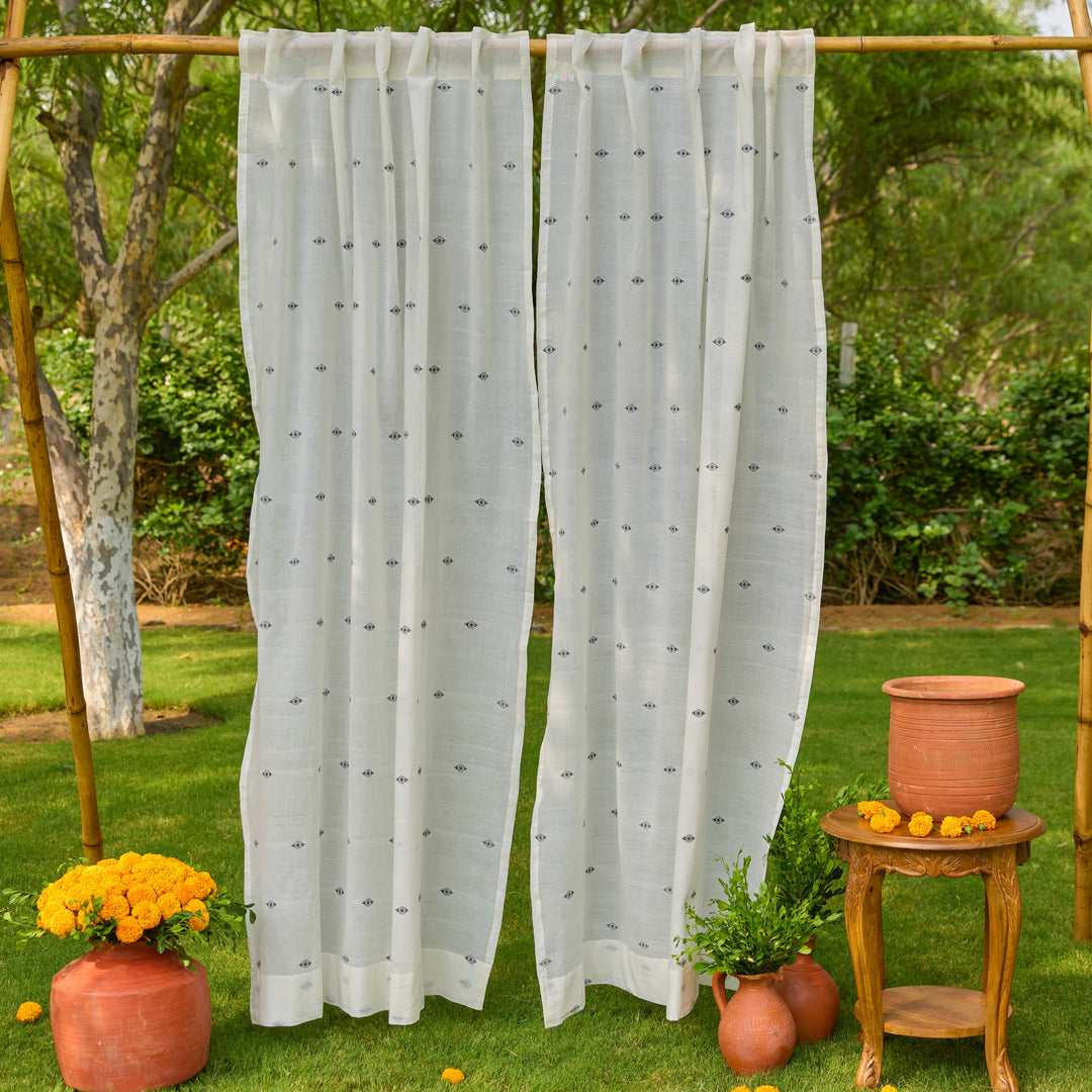 White &amp; Black Neer Jamdani Cotton Handloom Curtain-Curtains-House of Ekam
