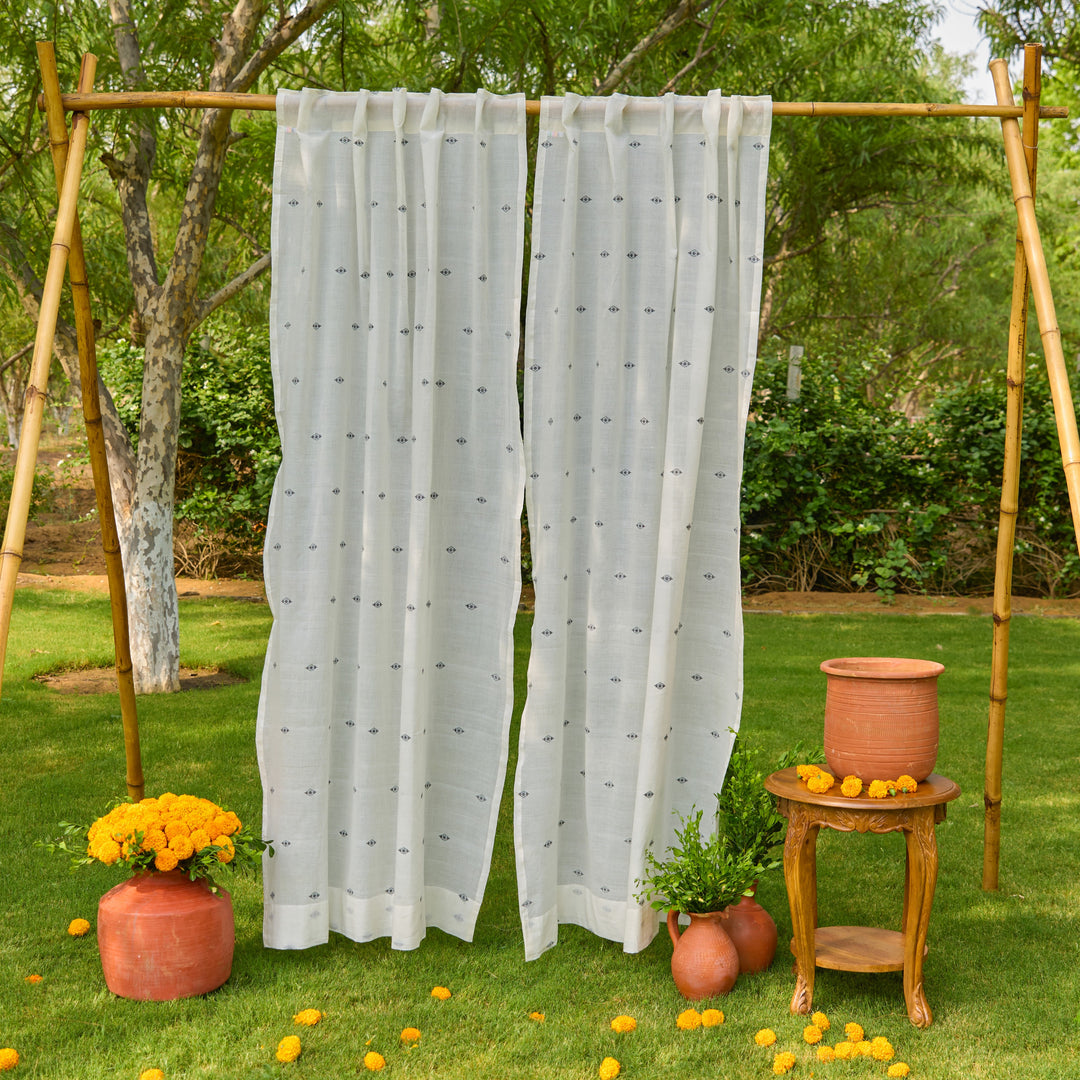 White &amp; Black Neer Jamdani Cotton Handloom Curtain-Curtains-House of Ekam