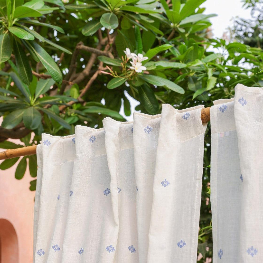 White &amp; Blue Neer Jamdani Cotton Handloom Curtain-Curtains-House of Ekam