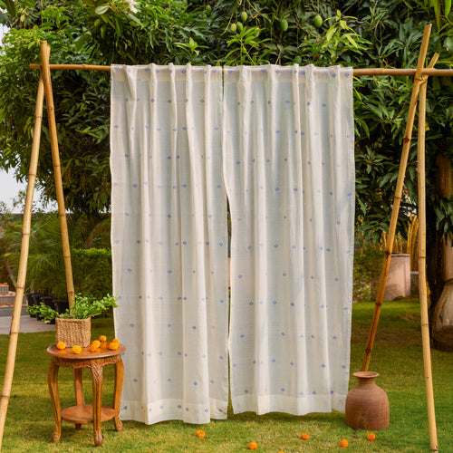 White & Blue Neer Jamdani Cotton Handloom Curtain-Curtains-House of Ekam