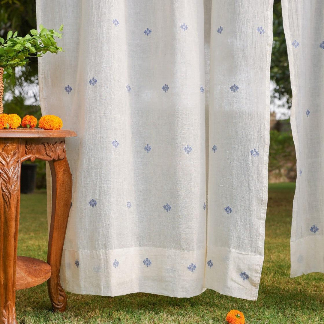 White &amp; Blue Neer Jamdani Cotton Handloom Curtain-Curtains-House of Ekam