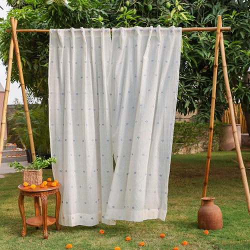 White & Blue Neer Jamdani Cotton Handloom Curtain-Curtains-House of Ekam
