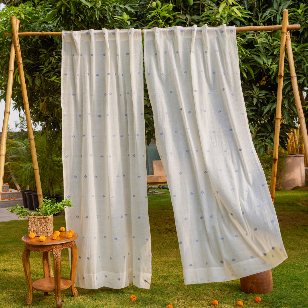White &amp; Blue Neer Jamdani Cotton Handloom Curtain-Curtains-House of Ekam