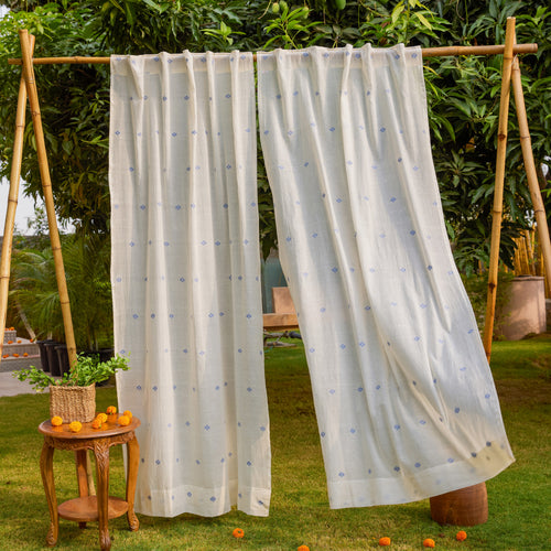 White & Blue Neer Jamdani Cotton Handloom Curtain-Curtains-House of Ekam