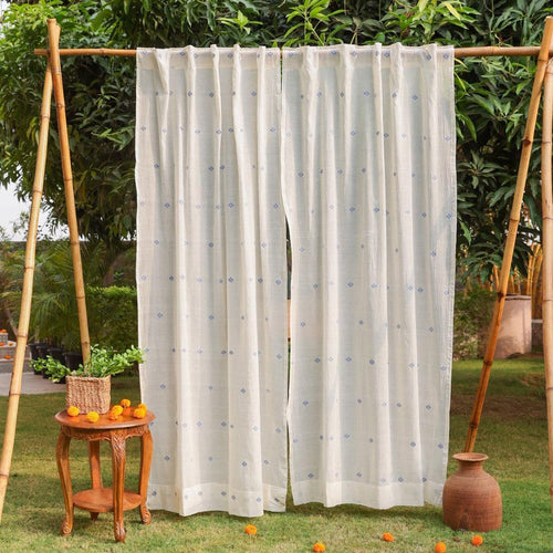 White & Blue Neer Jamdani Cotton Handloom Curtain-Curtains-House of Ekam