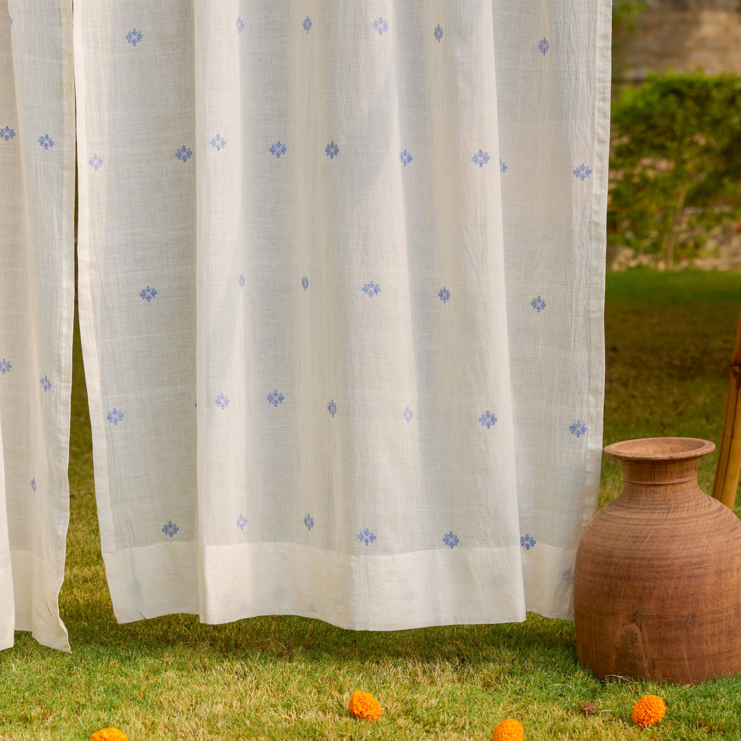 White &amp; Blue Neer Jamdani Cotton Handloom Curtain-Curtains-House of Ekam