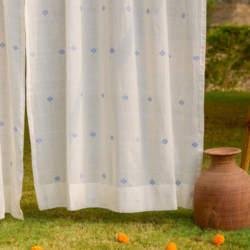 White & Blue Neer Jamdani Cotton Handloom Curtain-Curtains-House of Ekam