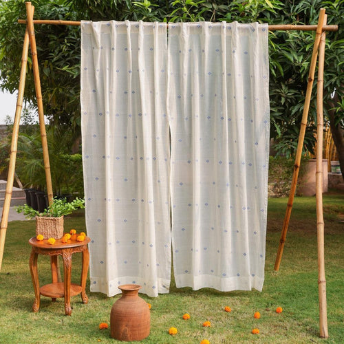 White & Blue Neer Jamdani Cotton Handloom Curtain-Curtains-House of Ekam