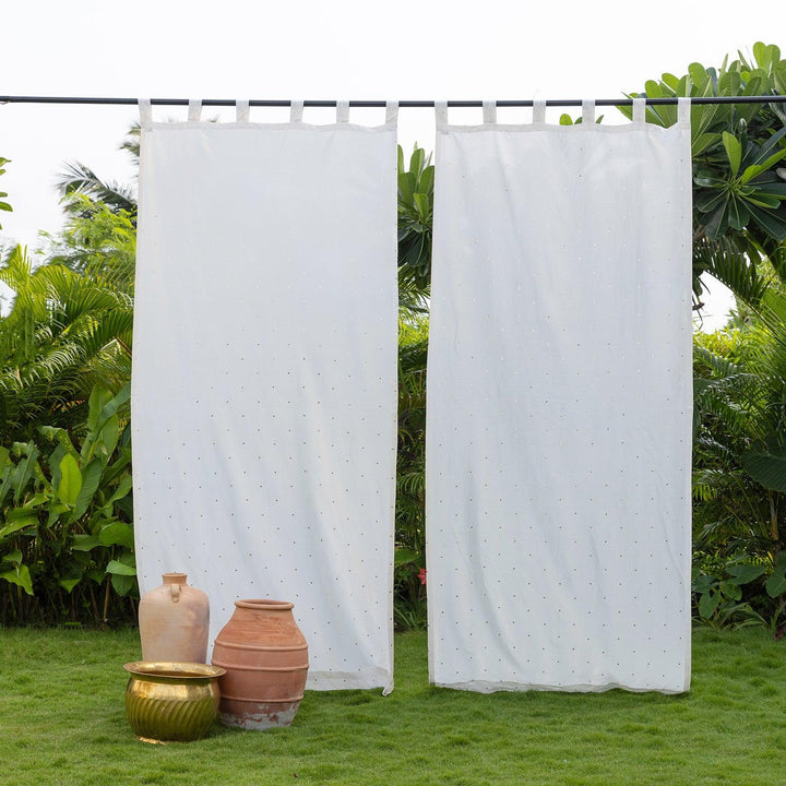White Chanderi Mukaish Work Shiny Handmade Curtain-Curtains-House of Ekam