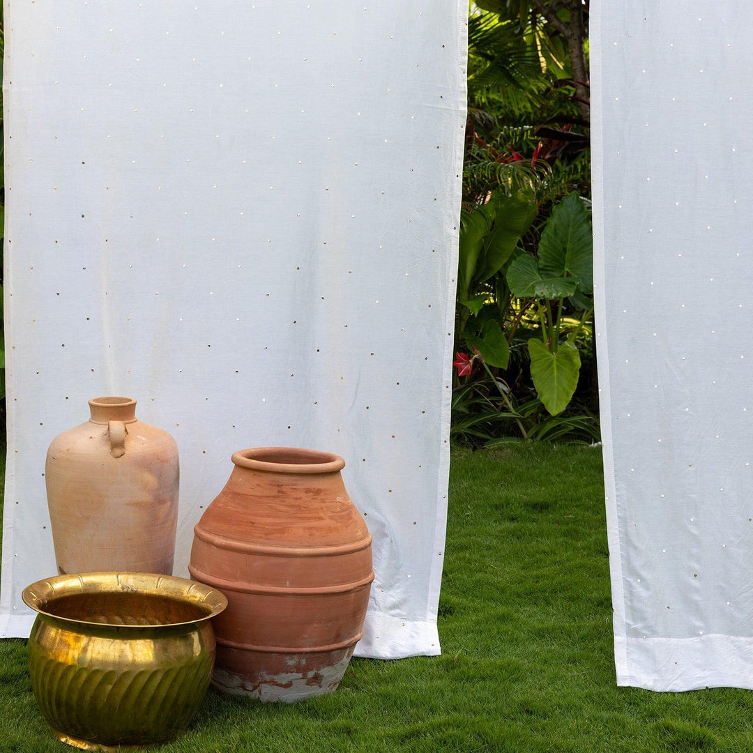 White Chanderi Mukaish Work Shiny Handmade Curtain-Curtains-House of Ekam