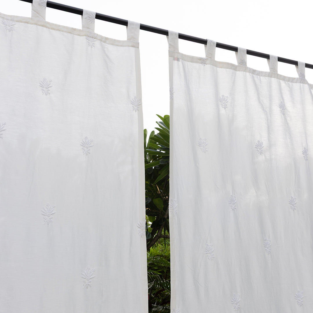 White Chikankari Lotus Hand Embroidered Curtain-Curtains-House of Ekam