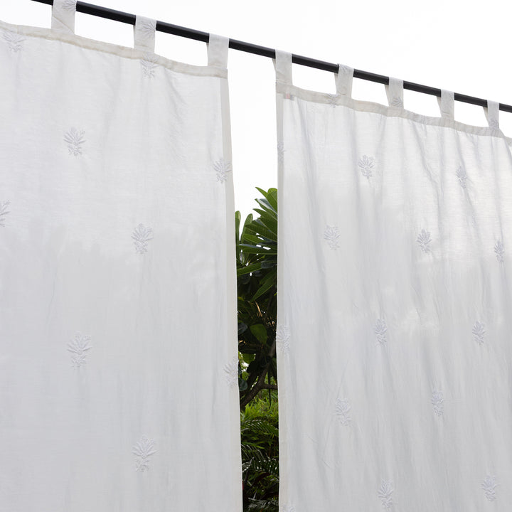 White Chikankari Lotus Hand Embroidered Curtain-Curtains-House of Ekam