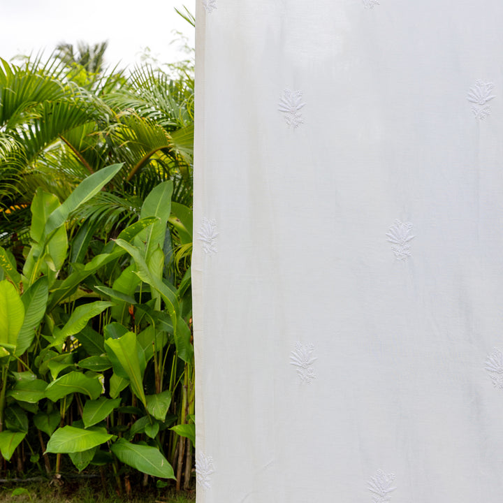 White Chikankari Lotus Hand Embroidered Curtain-Curtains-House of Ekam