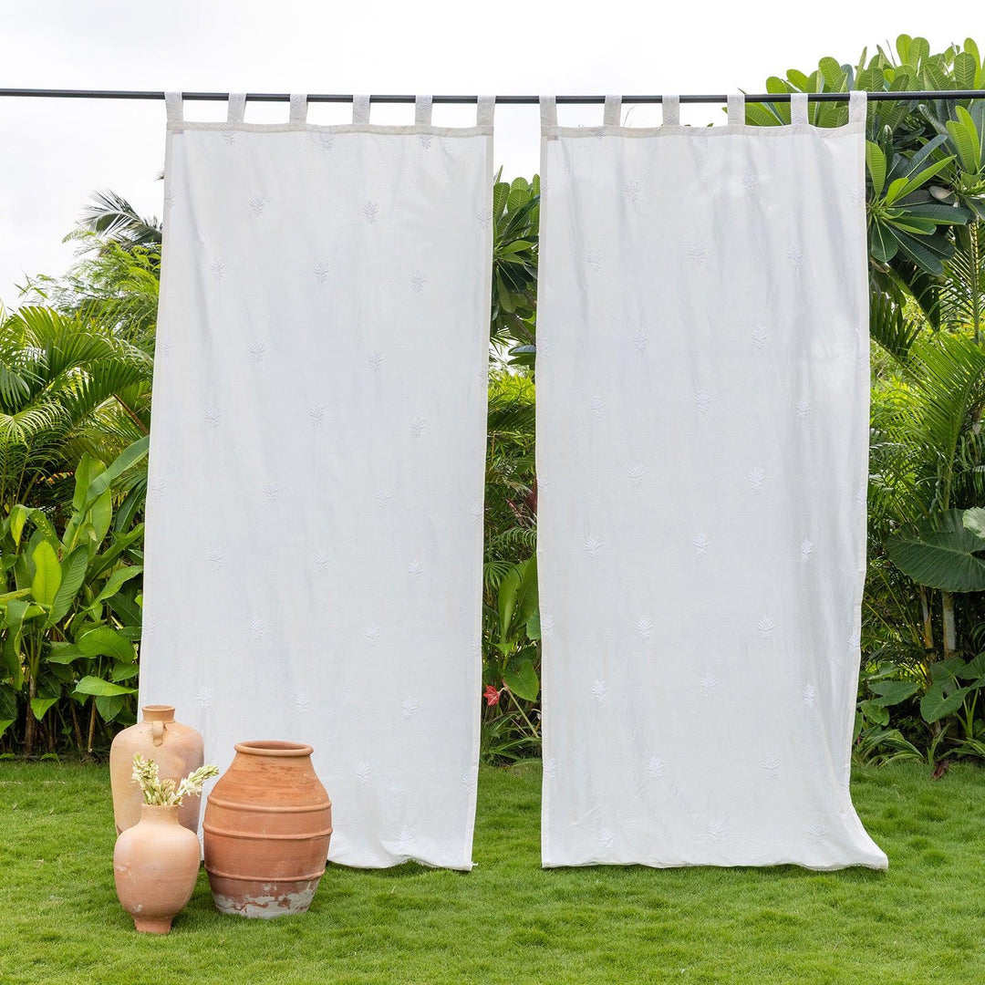 White Chikankari Lotus Hand Embroidered Curtain-Curtains-House of Ekam