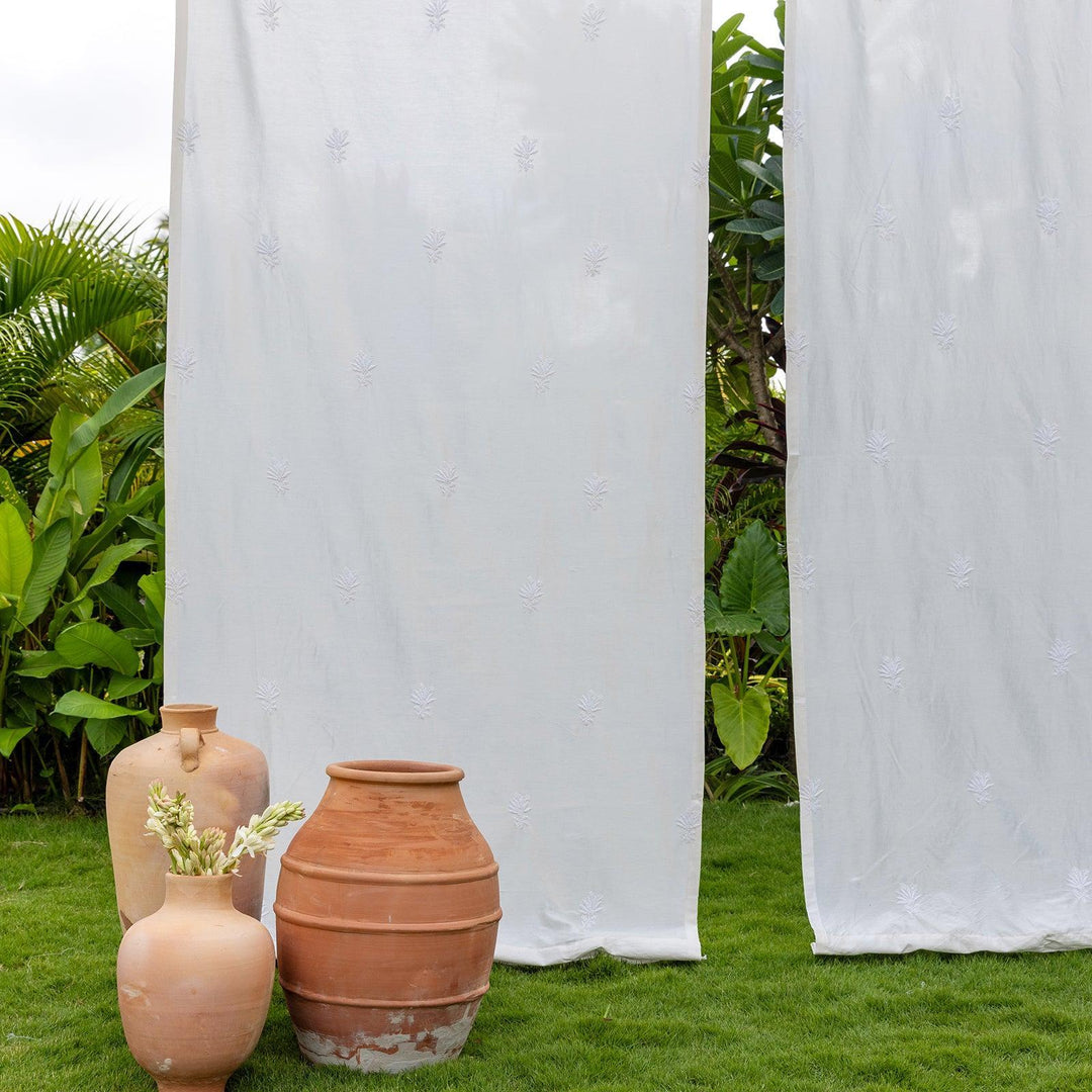 White Chikankari Lotus Hand Embroidered Curtain-Curtains-House of Ekam