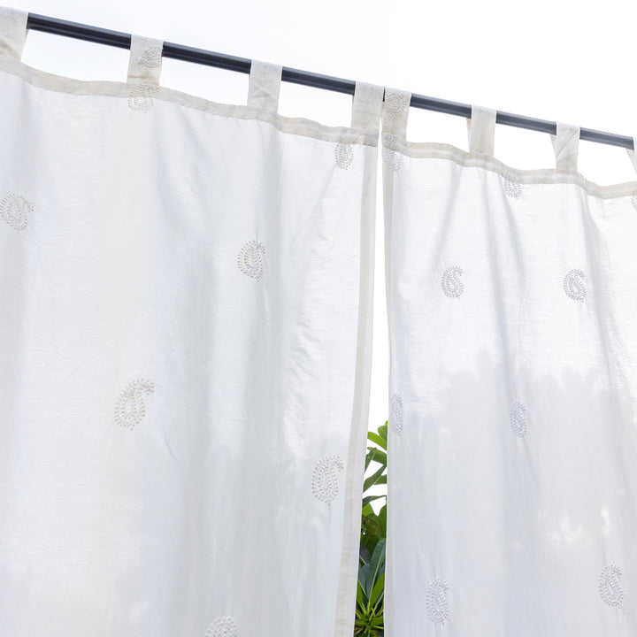 White Chikankari Paisley Hand Embroidered Curtain-Curtains-House of Ekam