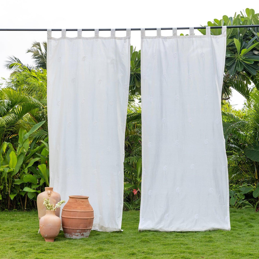 White Chikankari Paisley Hand Embroidered Curtain-Curtains-House of Ekam