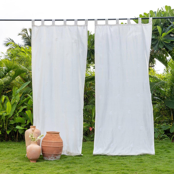 White Chikankari Paisley Hand Embroidered Curtain-Curtains-House of Ekam