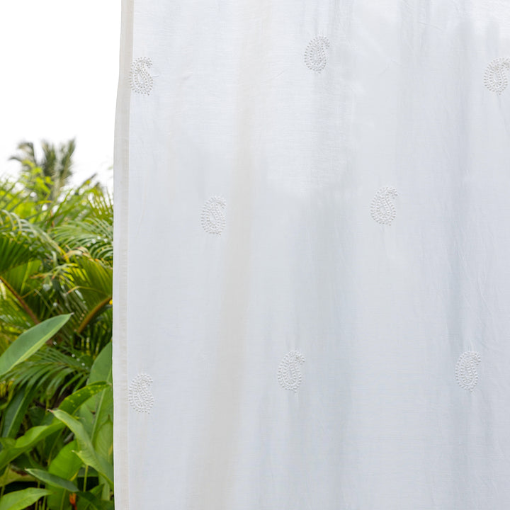 White Chikankari Paisley Hand Embroidered Curtain-Curtains-House of Ekam