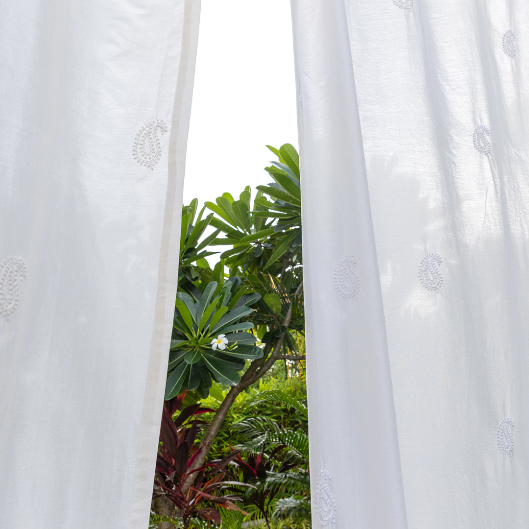 White Chikankari Paisley Hand Embroidered Curtain-Curtains-House of Ekam