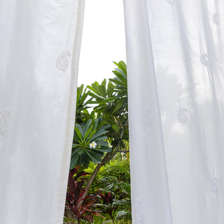 White Chikankari Paisley Hand Embroidered Curtain-Curtains-House of Ekam