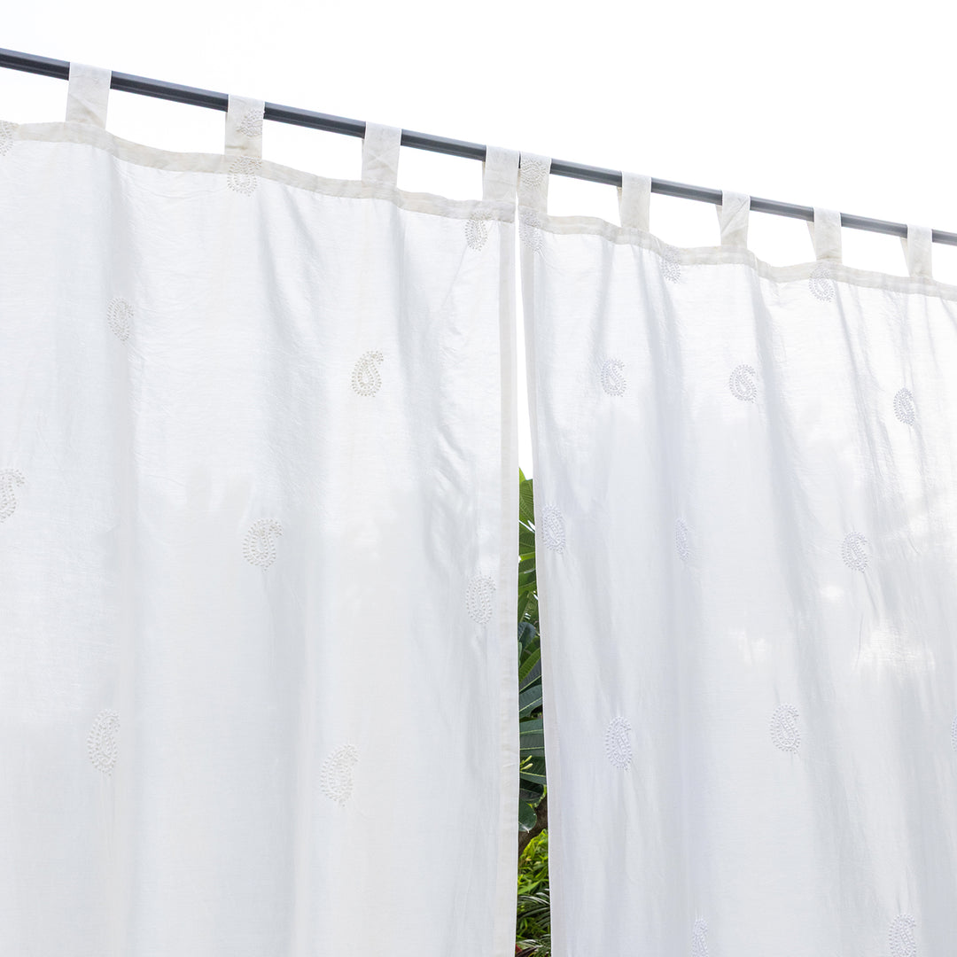 White Chikankari Paisley Hand Embroidered Curtain-Curtains-House of Ekam