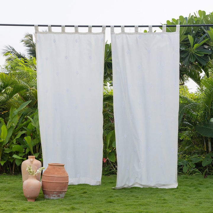 White Chikankari Poppy Hand Embroidered Curtain-Curtains-House of Ekam