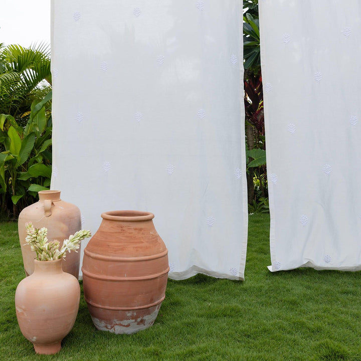 White Chikankari Poppy Hand Embroidered Curtain-Curtains-House of Ekam