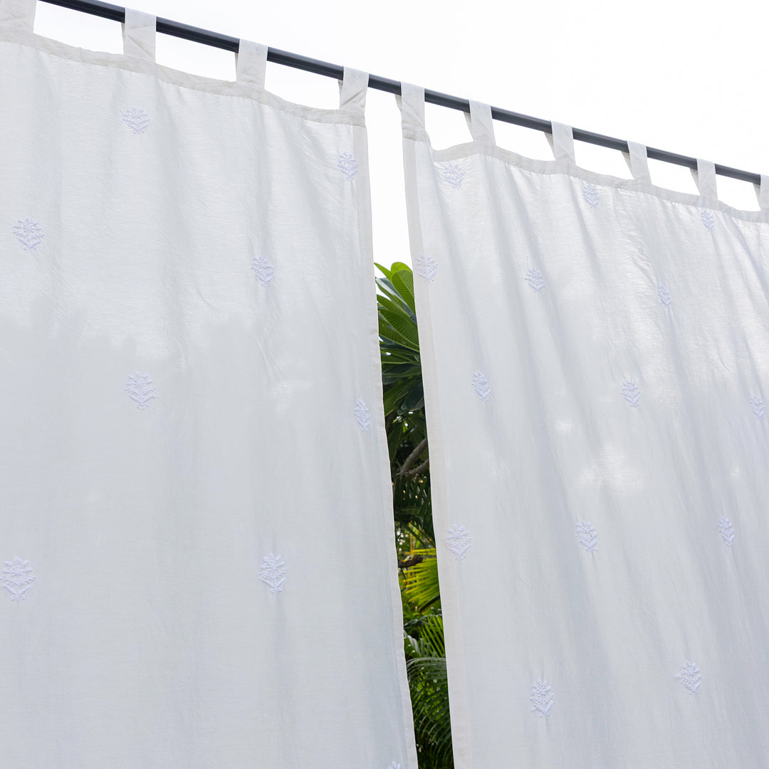 White Chikankari Poppy Hand Embroidered Curtain-Curtains-House of Ekam