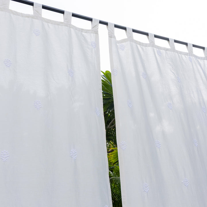 White Chikankari Poppy Hand Embroidered Curtain-Curtains-House of Ekam
