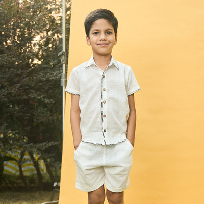 White Embroidered Cotton Slub Boys Shirt-Kidswear-House of Ekam