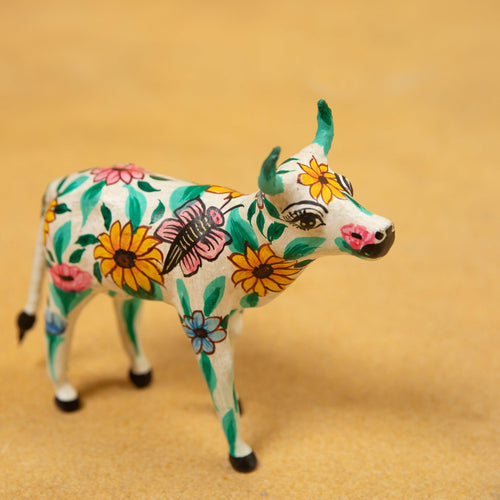 White Floral Cow Paper Mache Art-paper mache-House of Ekam