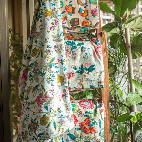 White Paradise Cotton Floral Block Printed Fabric Material – House