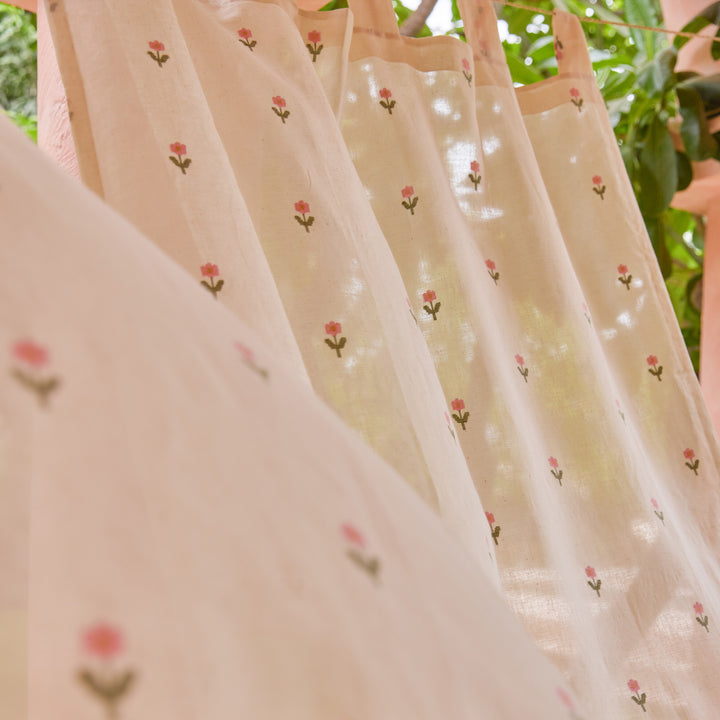 White Jhora Phool Jamdani Cotton Handloom Curtain-Curtains-House of Ekam