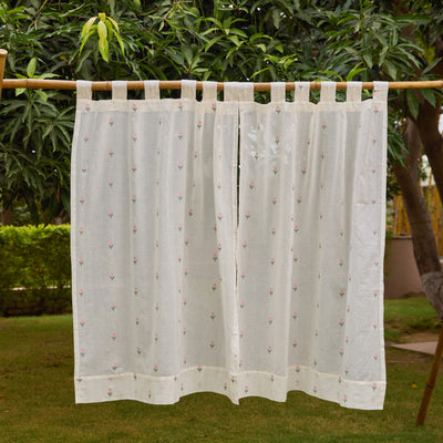 White Jhora Phool Jamdani Cotton Handloom Curtain-Curtains-House of Ekam