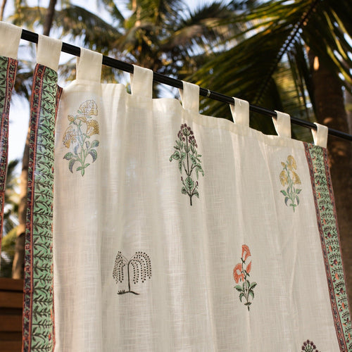 White Mughal Garden Blockprint Cotton Slub Curtain-Curtains-House of Ekam