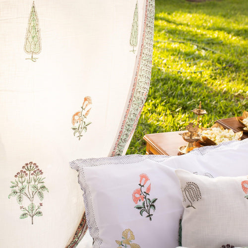 White Mughal Garden Blockprint Cotton Slub Curtain-Curtains-House of Ekam
