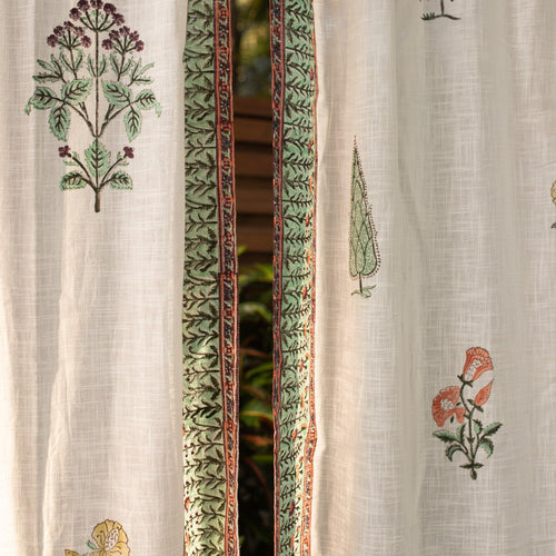 White Mughal Garden Blockprint Cotton Slub Curtain-Curtains-House of Ekam