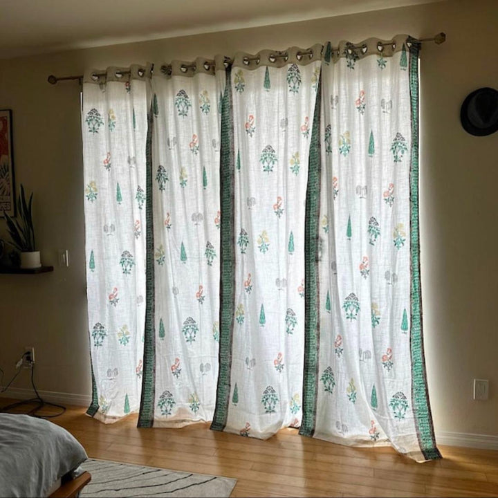 White Mughal Garden Blockprint Cotton Slub Curtain-Curtains-House of Ekam