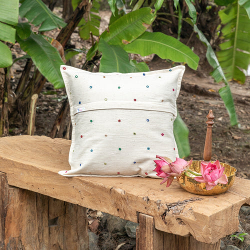 White Multi Colour Kutch Mirror Work Handmade Cotton Cushion Cover-Cushion Covers-House of Ekam