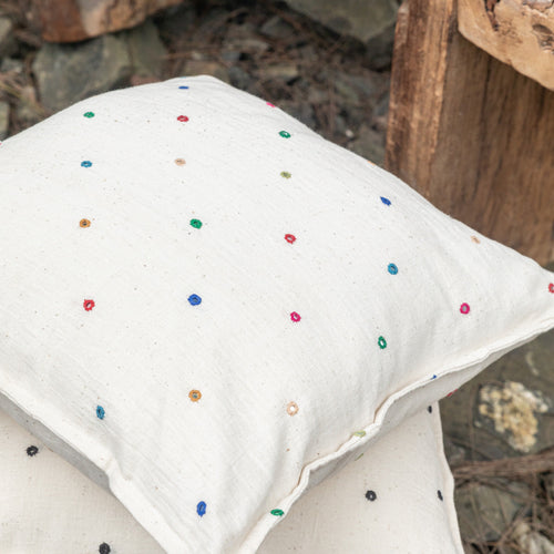 White Multi Colour Kutch Mirror Work Handmade Cotton Cushion Cover-Cushion Covers-House of Ekam