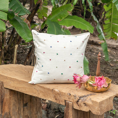 White Multi Colour Kutch Mirror Work Handmade Cotton Cushion Cover-Cushion Covers-House of Ekam