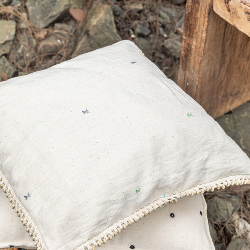 White Multicolor Damroo Kutch Handmade Cotton Cushion Cover-Cushion Covers-House of Ekam