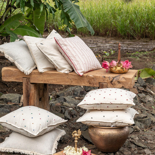 White Multicolor Damroo Kutch Handmade Cotton Cushion Cover-Cushion Covers-House of Ekam