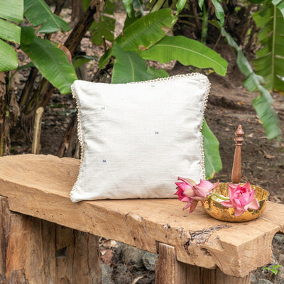 White Multicolor Damroo Kutch Handmade Cotton Cushion Cover-Cushion Covers-House of Ekam
