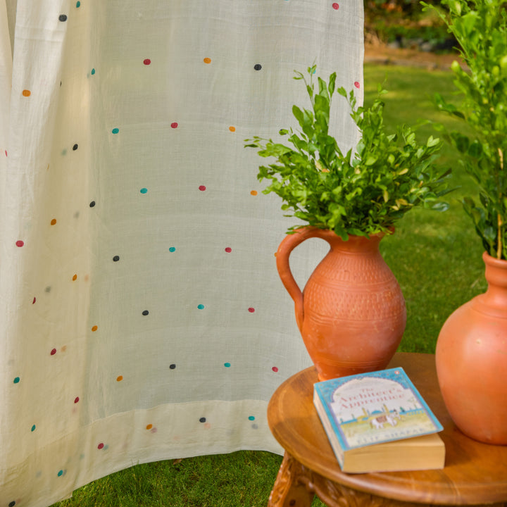 White &amp; Multicolor Polka Jamdani Cotton Handloom Curtain-Curtains-House of Ekam