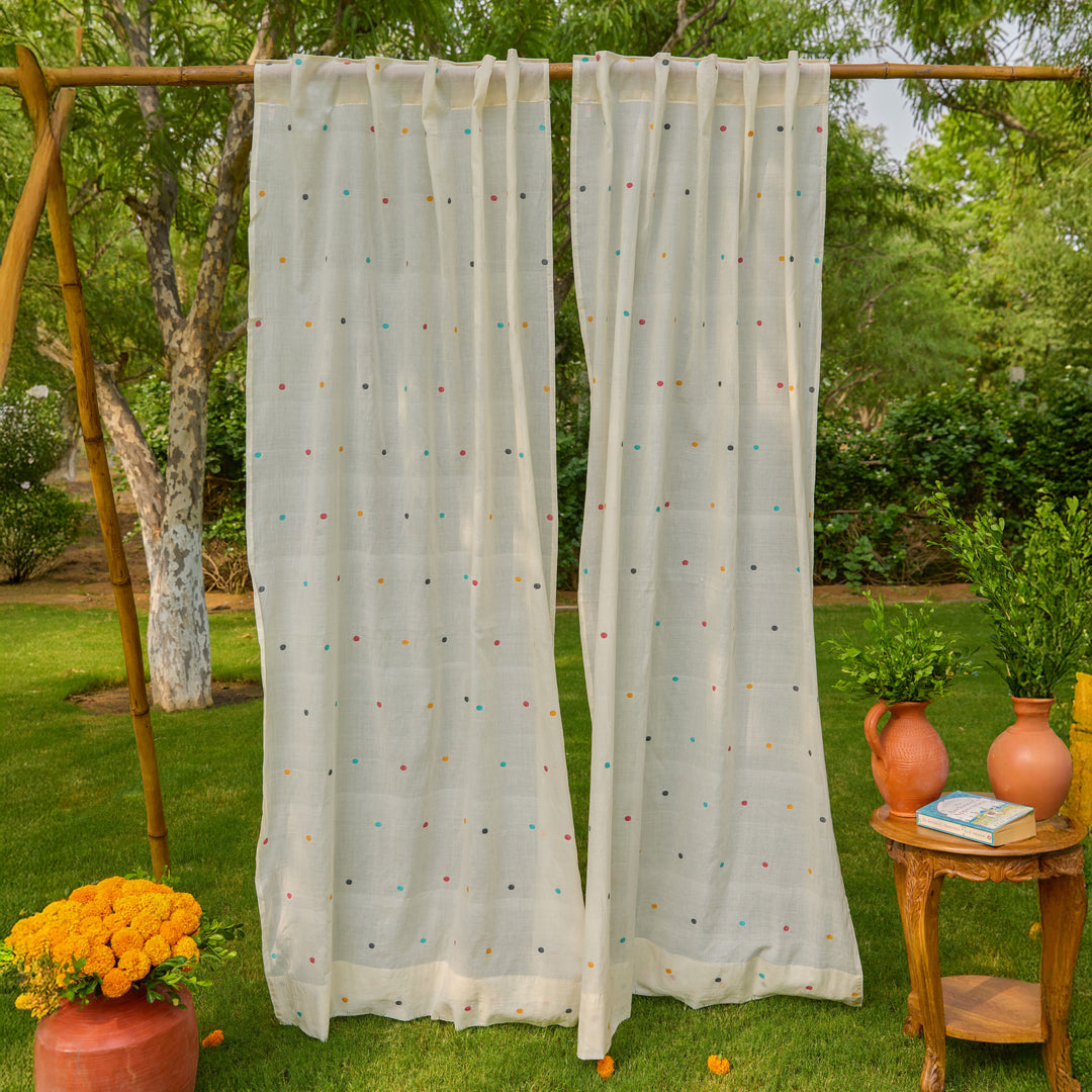 White &amp; Multicolor Polka Jamdani Cotton Handloom Curtain-Curtains-House of Ekam