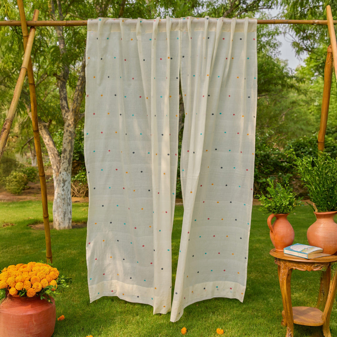 White &amp; Multicolor Polka Jamdani Cotton Handloom Curtain-Curtains-House of Ekam